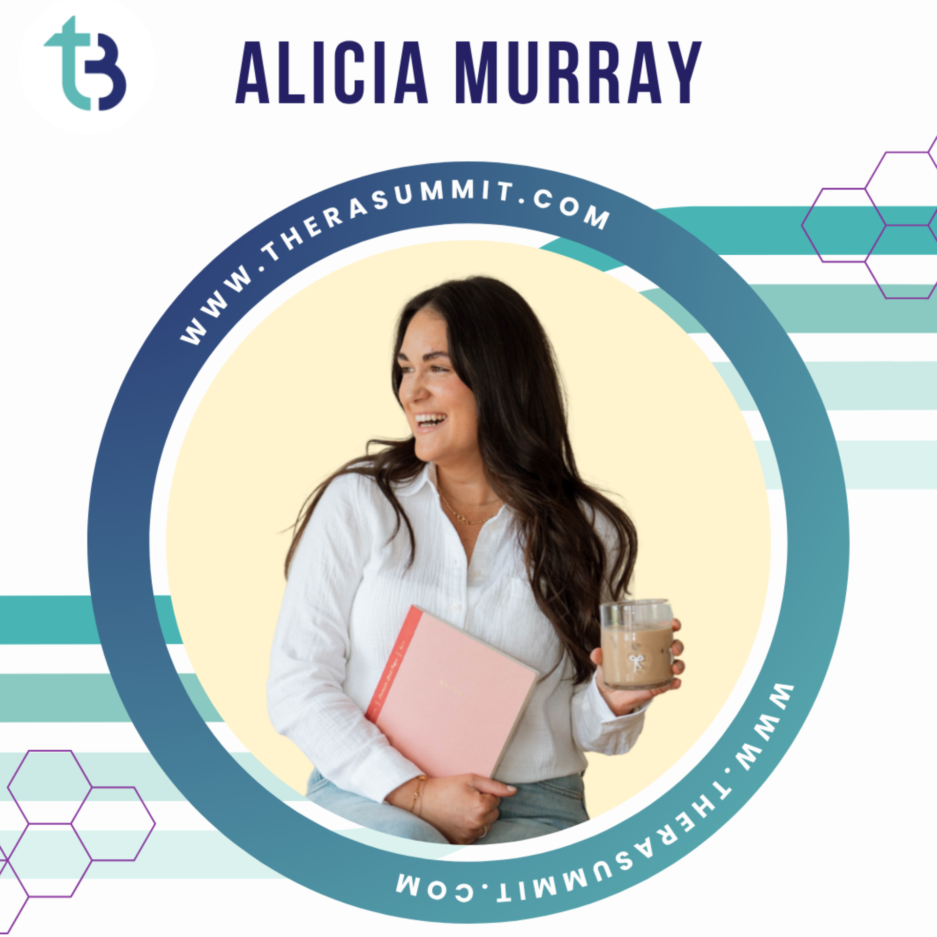 Alicia Murray logo with smiling woman holding a notebook and coffee inside a teal circular frame