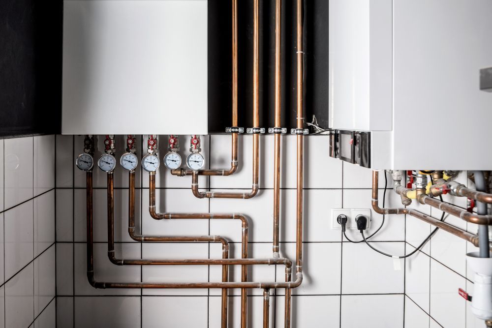 A Bathroom With a Boiler and Copper Pipes — Accredited Plumbing in Ulladulla, NSW