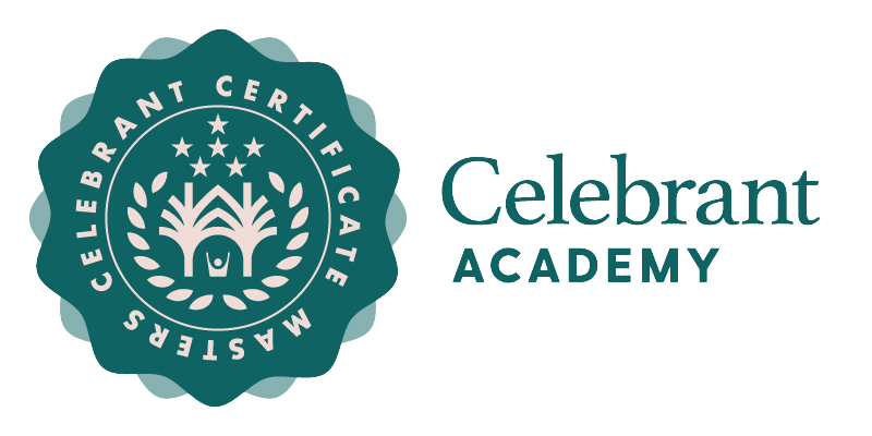 Logo for Celebrant Academy, featuring a teal seal with text and a tree design, next to the words 