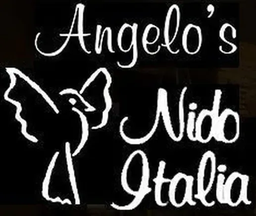 Angelo's Nido Italia logo, white cursive text with a bird silhouette on black background.
