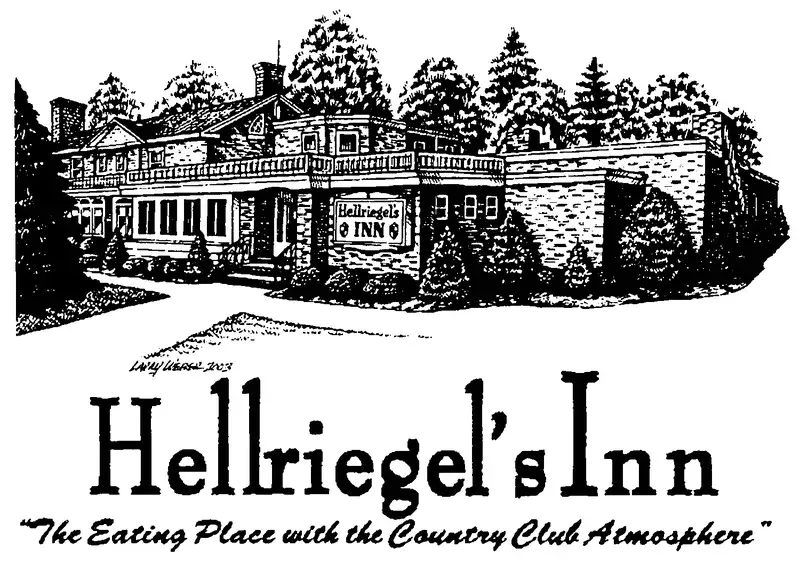 Black and white illustration of Hellriegel's Inn building with trees, sign, and text 