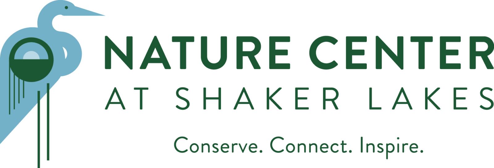 Logo of the Nature Center at Shaker Lakes, with a blue heron and text 