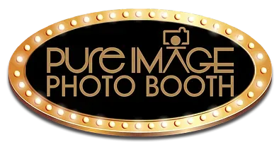 Pure Image Photo Booth logo, black oval with gold border and lights, text and camera icon.
