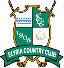 Elyria Country Club logo: shield with golf clubs, water, initials, golf ball, and 