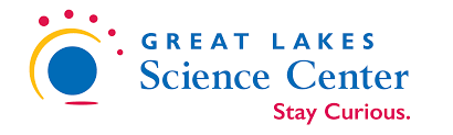 Logo for the Great Lakes Science Center, Cleveland. Features a blue globe with a yellow crescent and dots. 