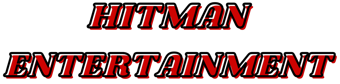 Logo for Hitman Entertainment, red text with black outline on white background.
