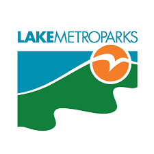 Lake Metroparks logo: Blue sky and green landscape with an orange sun and bird icon.