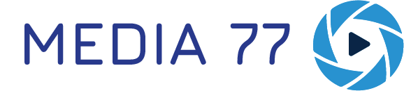 MEDIA 77 logo with blue text and a blue stylized media symbol.