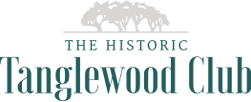 Logo for The Historic Tanglewood Club with a tree image and text in teal and neutral colors.