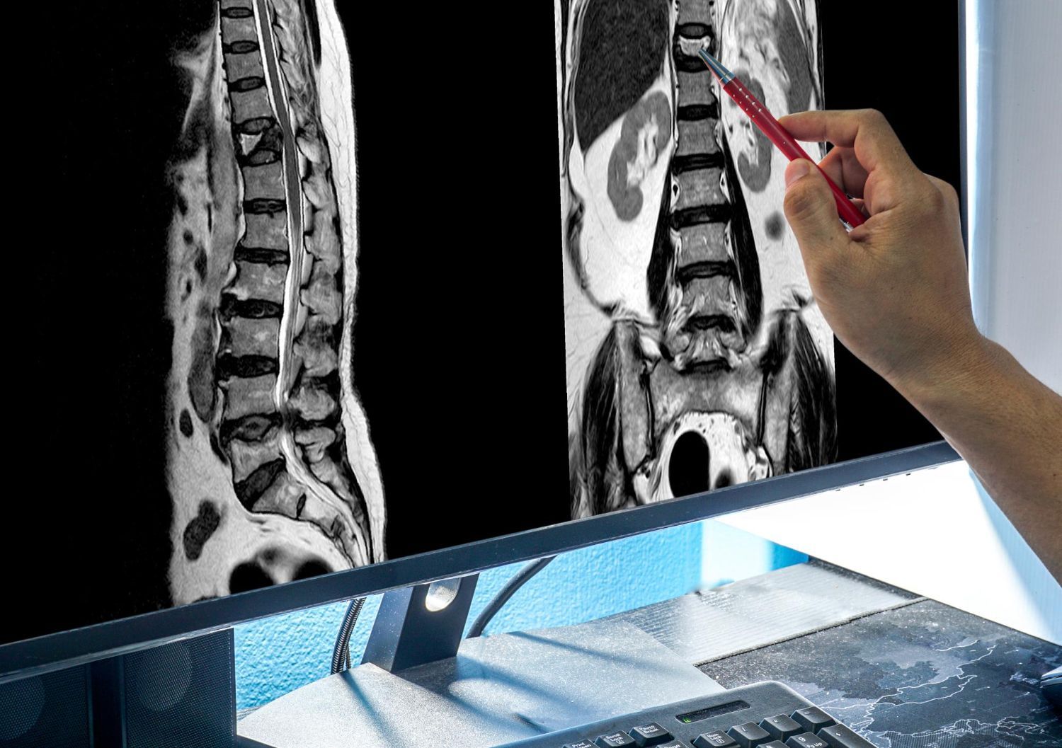 X-ray spine scan on a monitor while a hand points at the image with a stylus