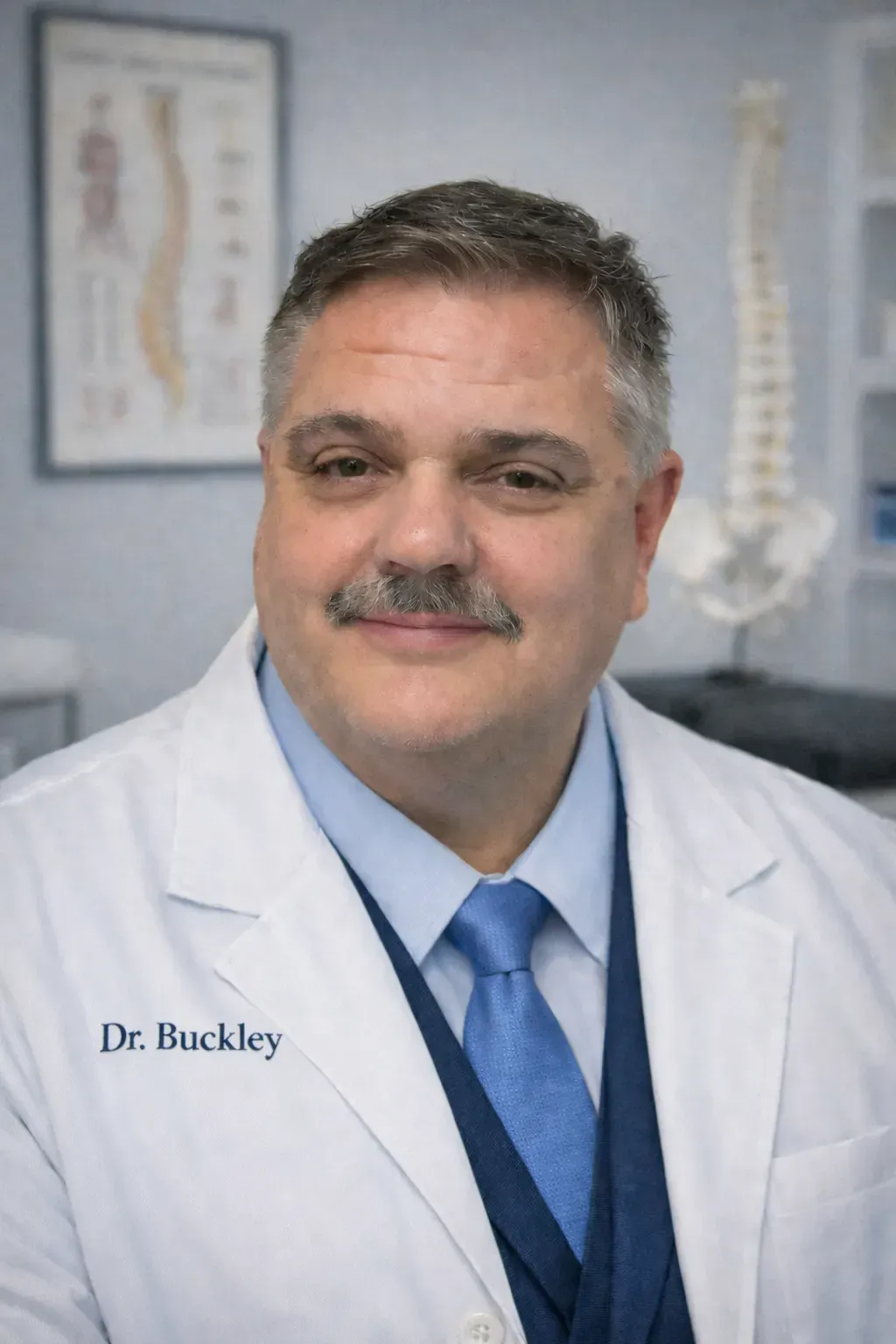 Portrait of a doctor in a white coat and blue tie in a medical office