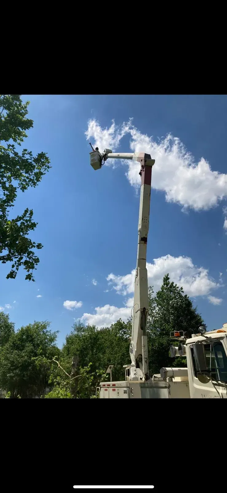 A man is sitting in a bucket on top of a crane.