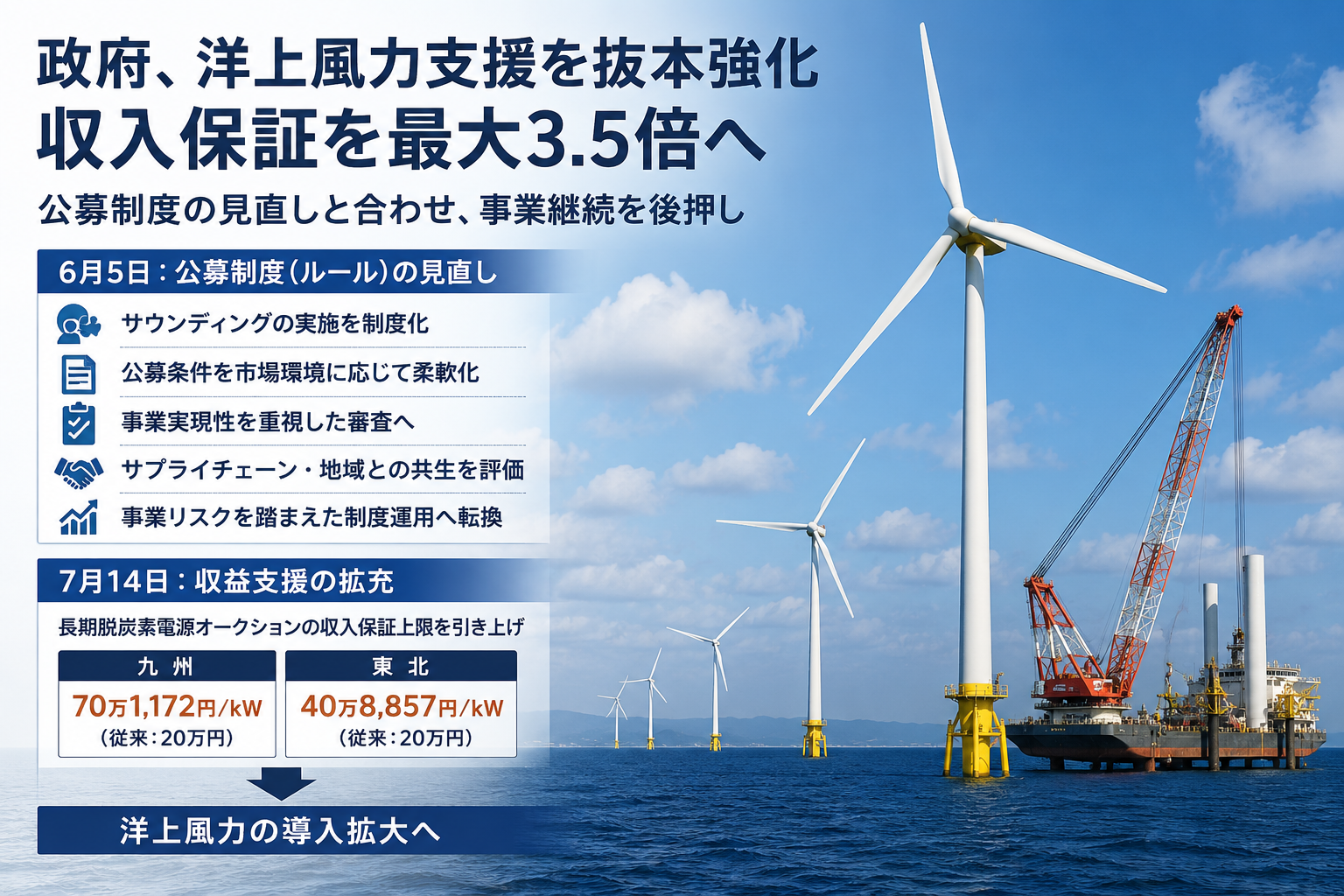 政府、洋上風力支援を抜本見直し　収入保証を最大3.5倍へ　6月の公募制度改革に続く追加対策