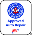 AAA Approved Auto Repair logo: Blue circle with text, red bell, and blue text 