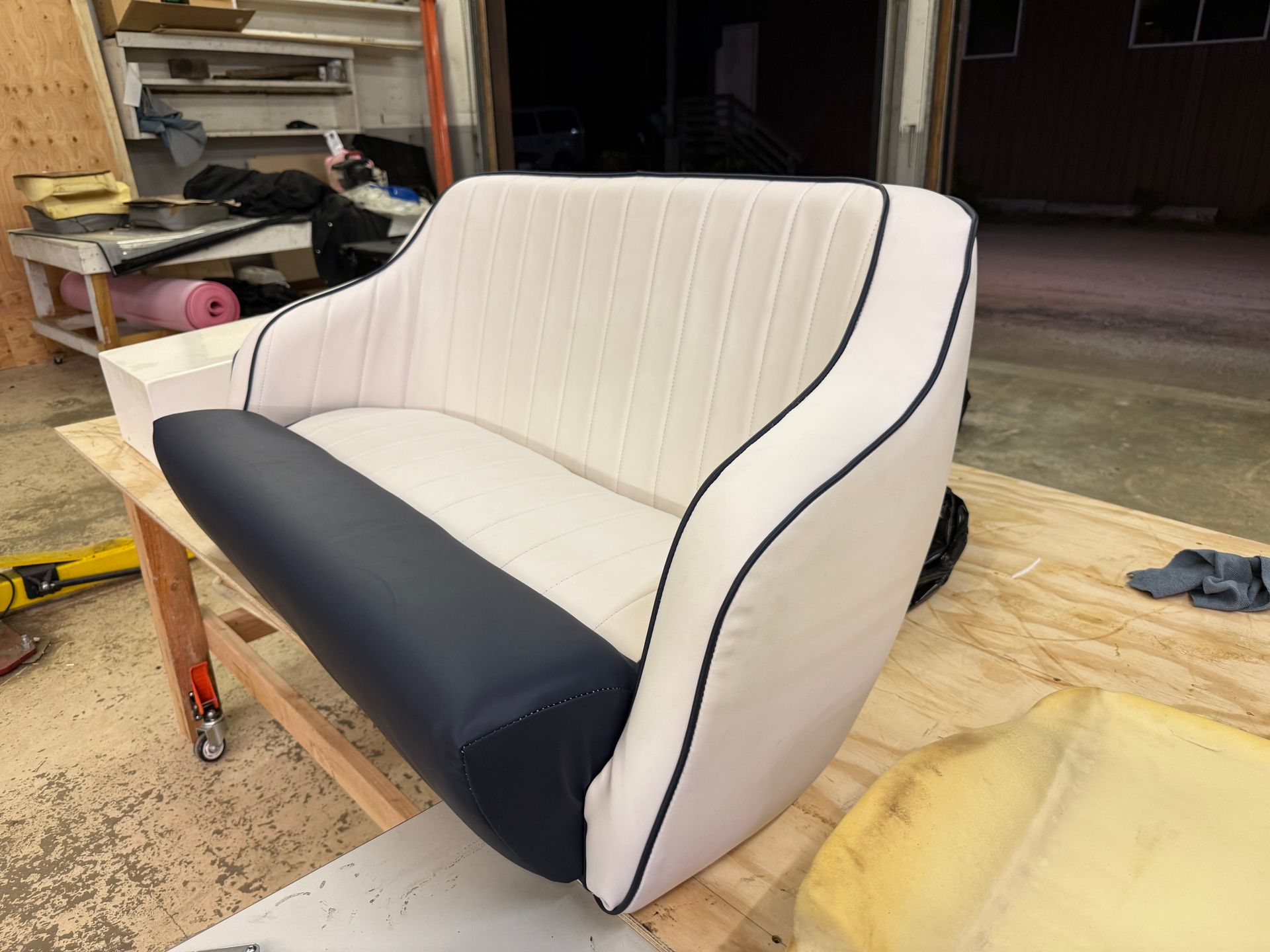 Custom cream and navy upholstered marine bench seat