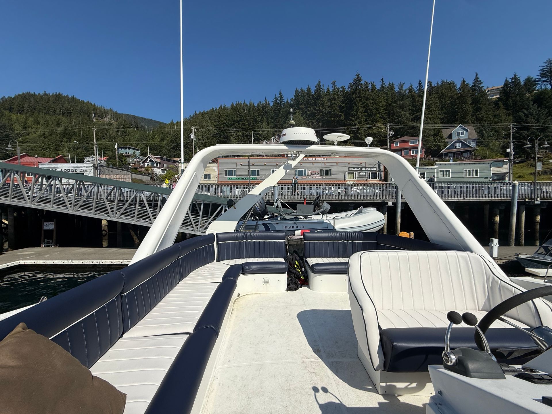 Cream and navy seating installed on a boat in Ketchikan