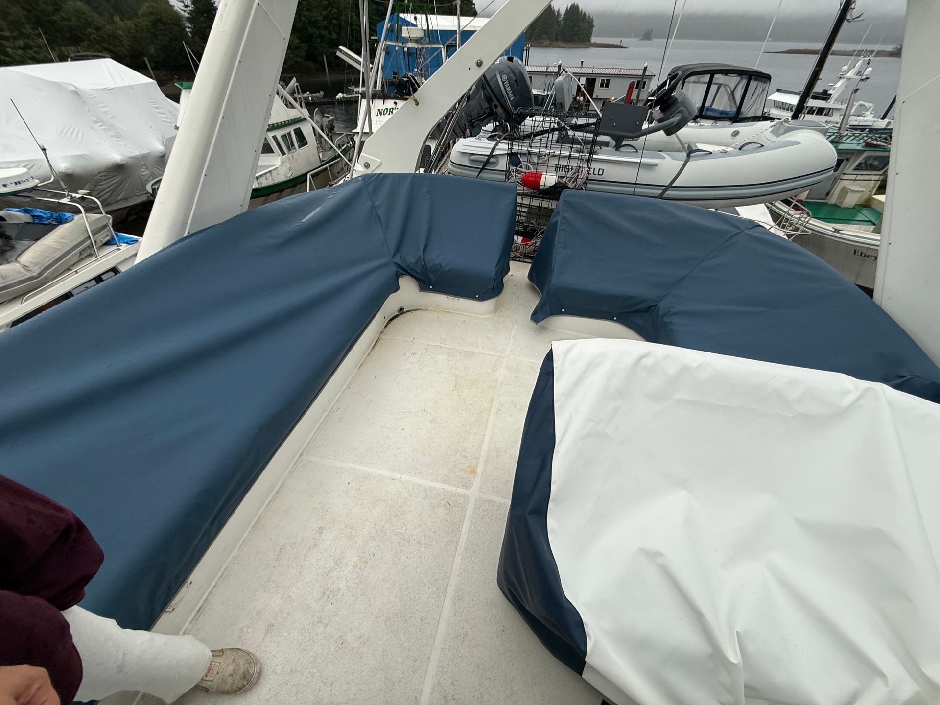 Navy fitted covers over marine seating
