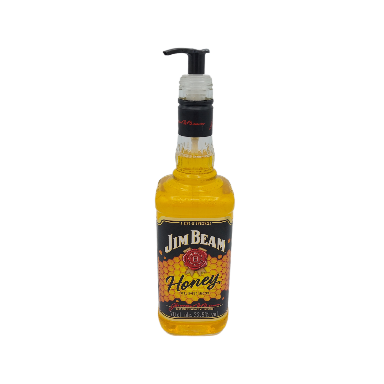 Een fles Jim Beam-honing met een zeepdispenser eraan bevestigd.