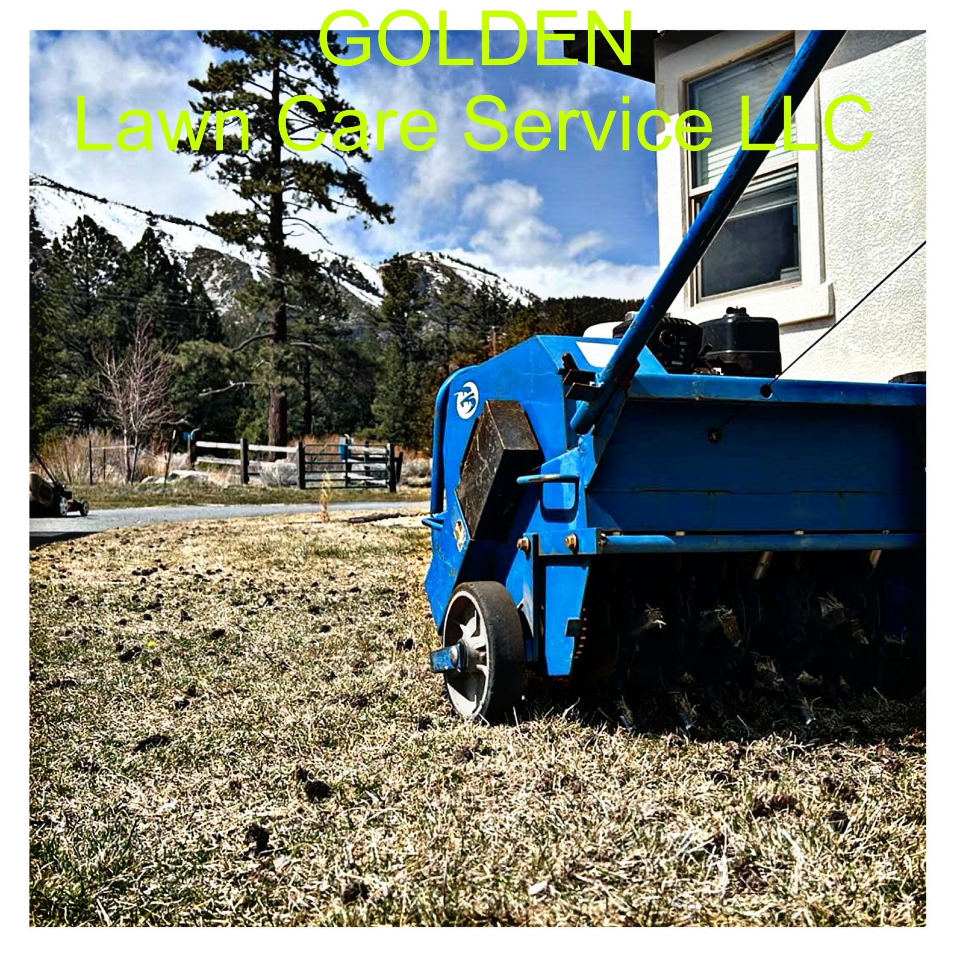 Blue lawn care machine in a grassy yard beside a house, with “GOLDEN Lawn Care Service LLC” text above.