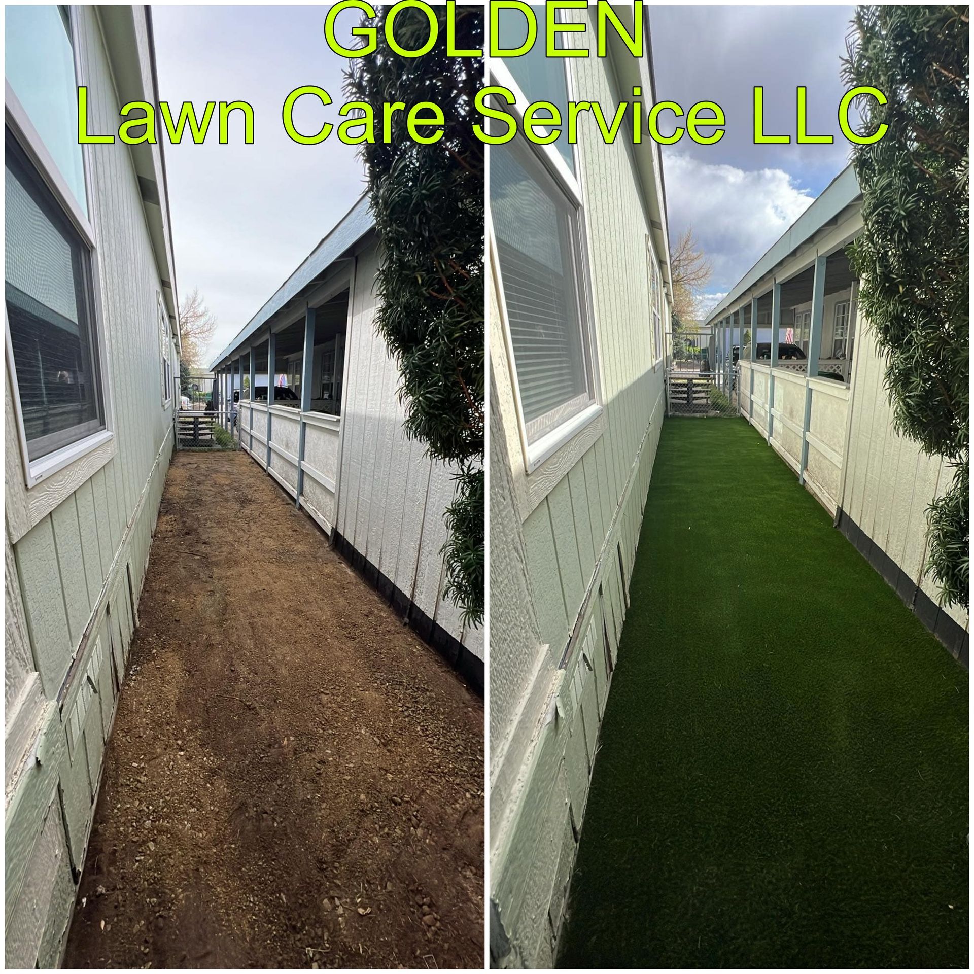 Before-and-after view of a narrow side yard: bare dirt on the left, green artificial turf on the right.