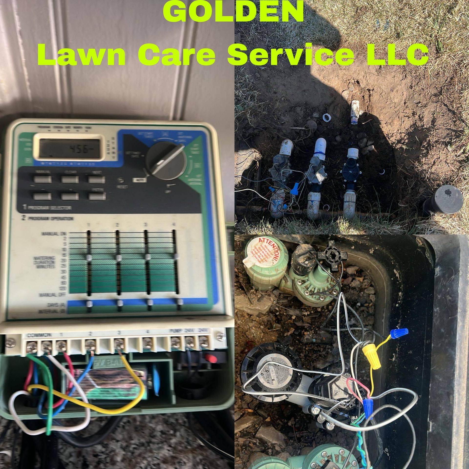 Open control box with wires and timer on dirt, beside irrigation parts; 