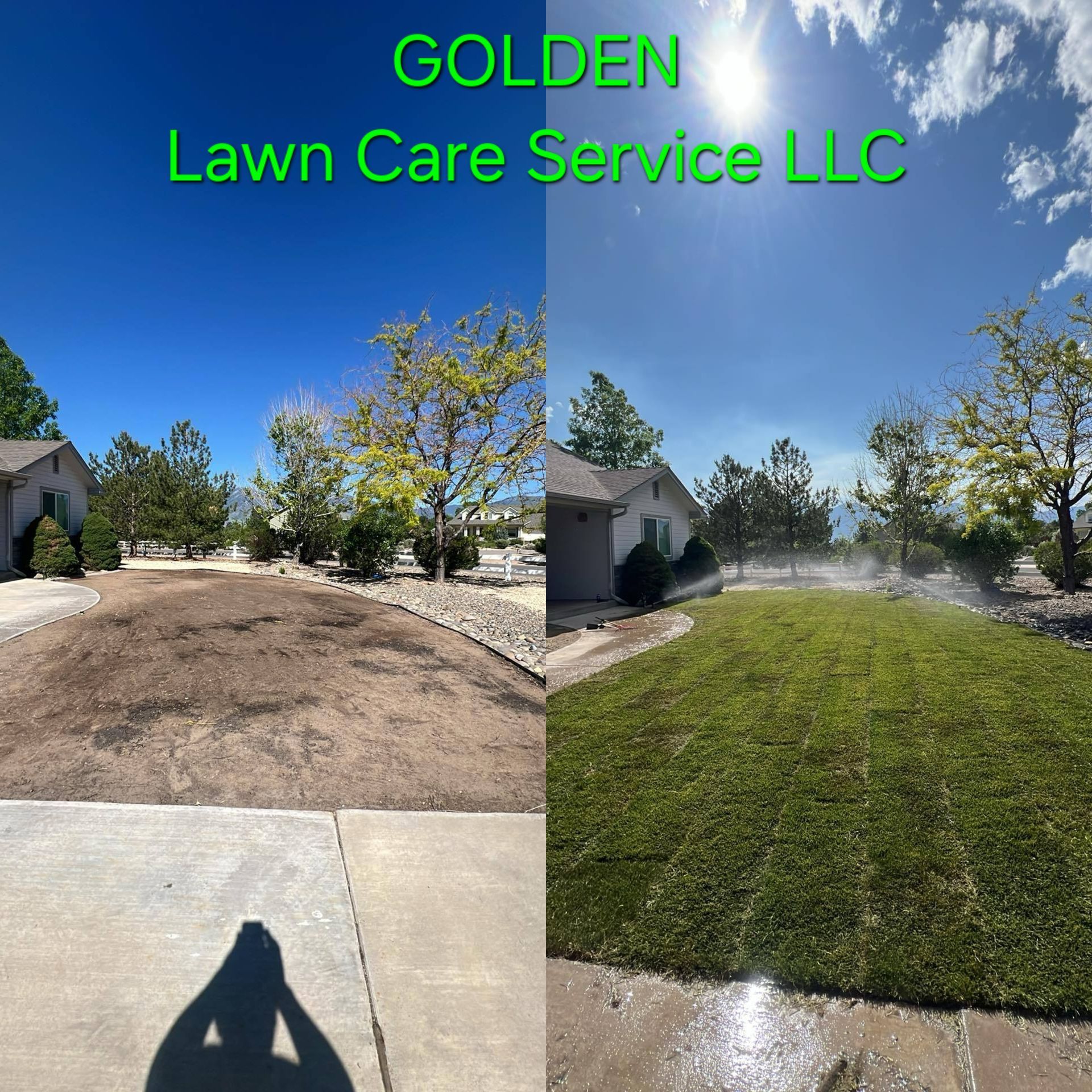 Golden Lawn Care Service LLC logo over split-yard before-and-after lawn watering scene