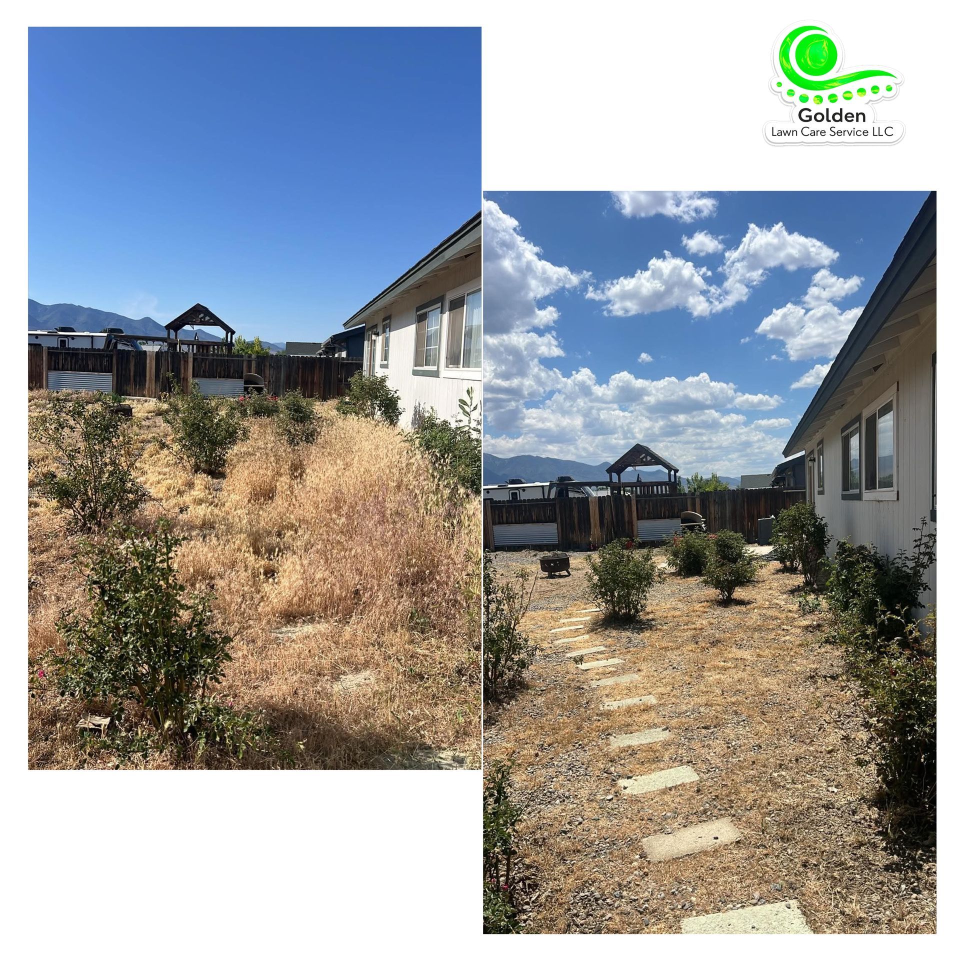 Side-by-side yard photos showing dry grass removed and a gravel path added beside a house.