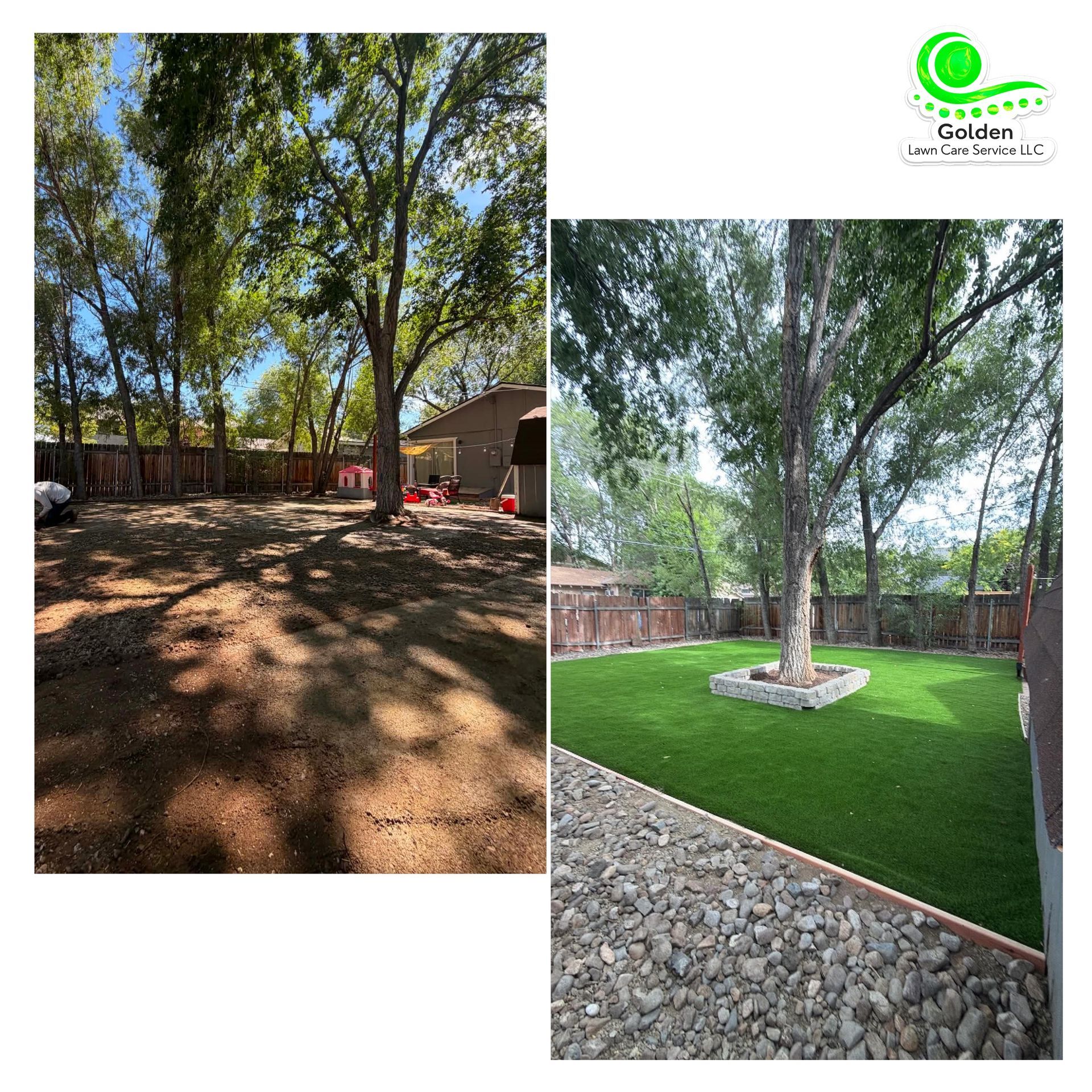 Two views of a shaded backyard: dirt and gravel area, and a manicured green lawn with a tree.