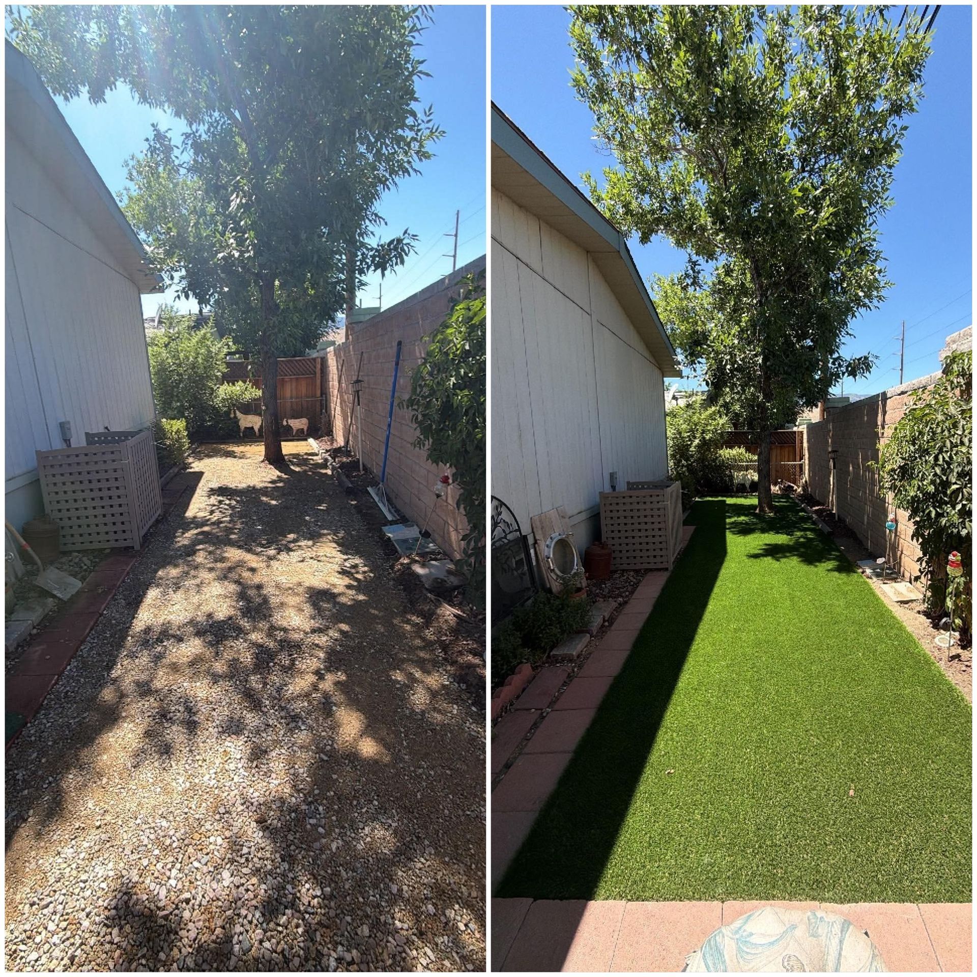 Backyard side yard before-and-after: bare dirt replaced with green artificial turf under a tree.