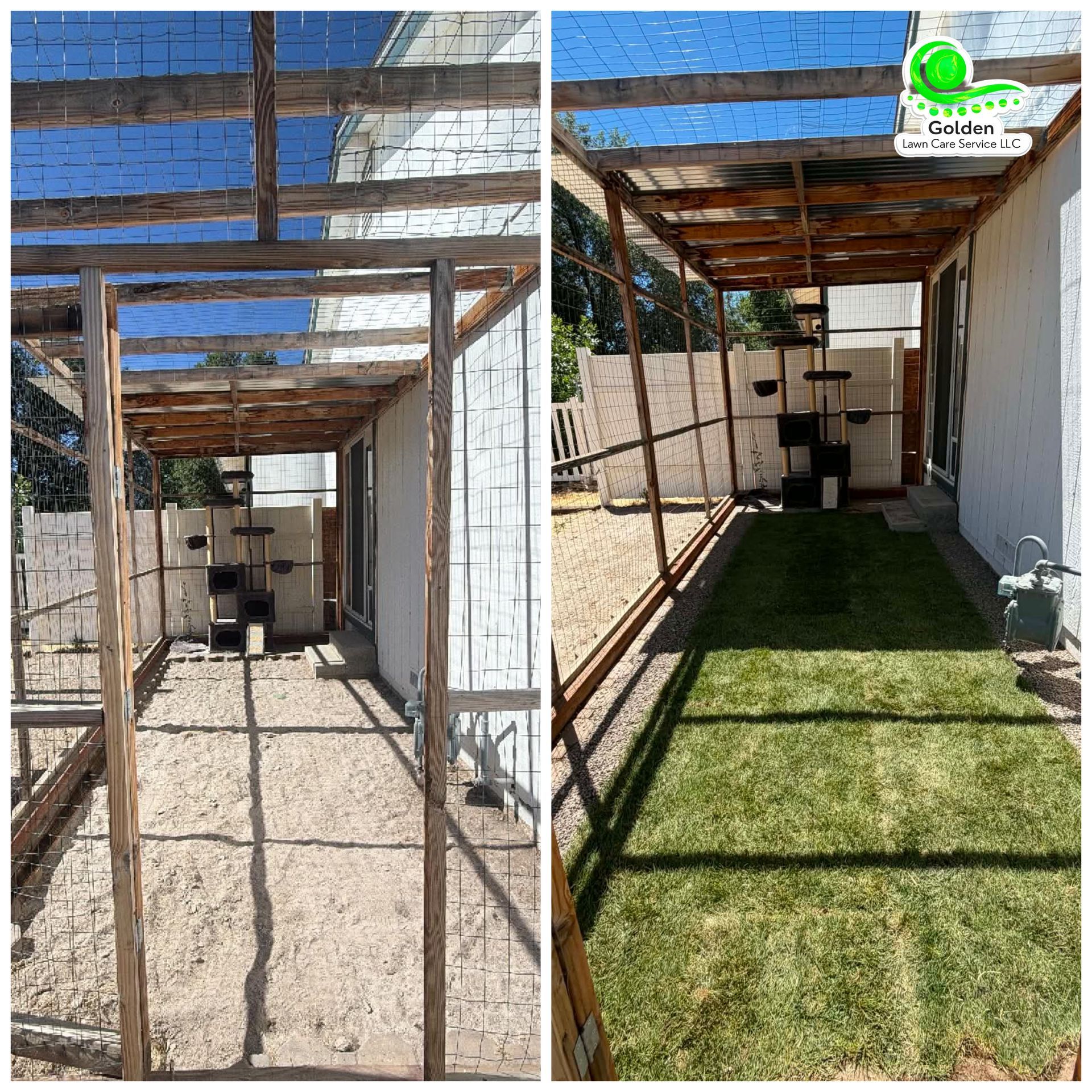 Outdoor patio makeover before-and-after: gravel path changed to green artificial turf under a metal pergola