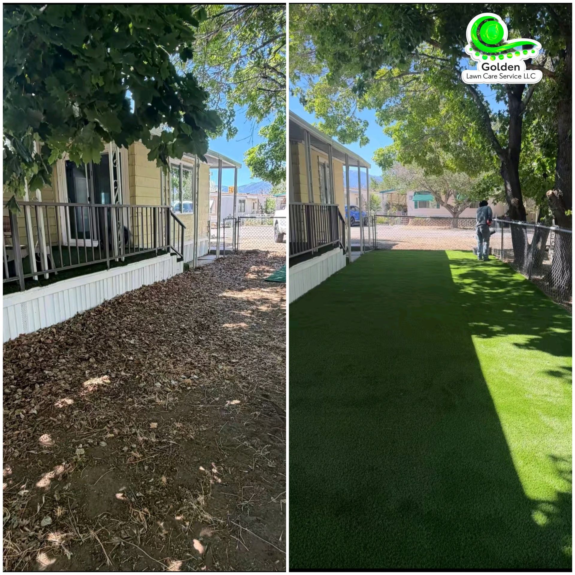 Before-and-after yard: left bare dirt, right green artificial turf beside a house and fence.