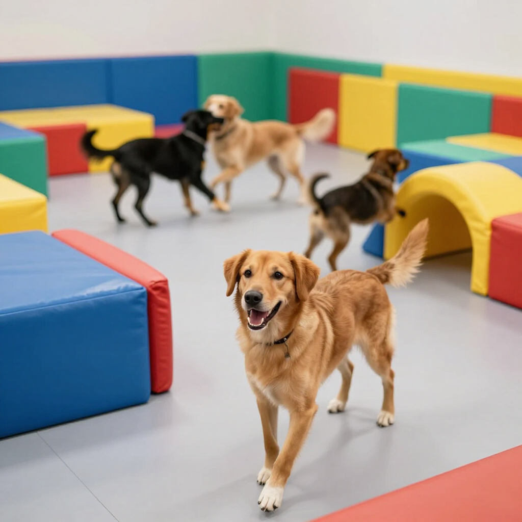 Dog enjoying indoor soft play equipment