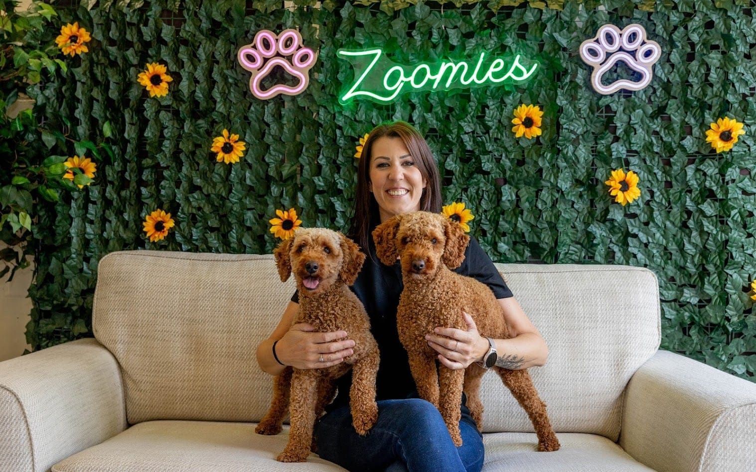 Ashley with Pickle and Lily at Zoomies
