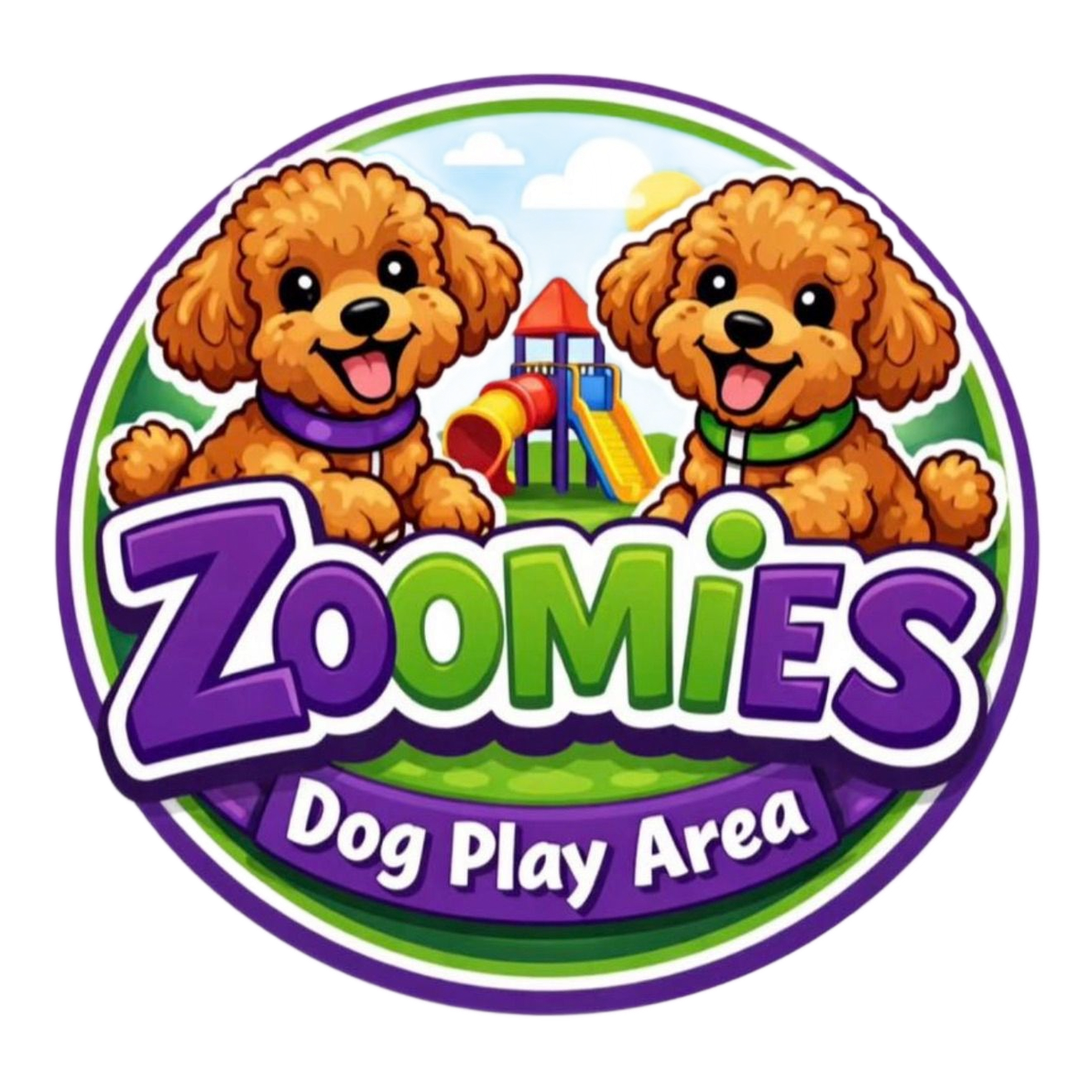 Logo for Zoomies Dog Play Area with two happy brown poodles and a colorful slide