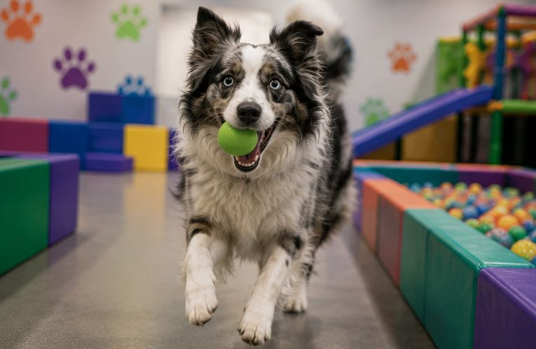 Dogs playing in a colourful ball pit