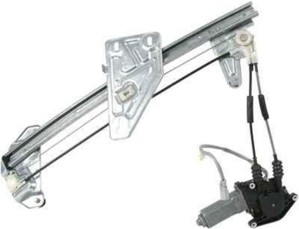 A picture of a window regulator with a motor attached to it.