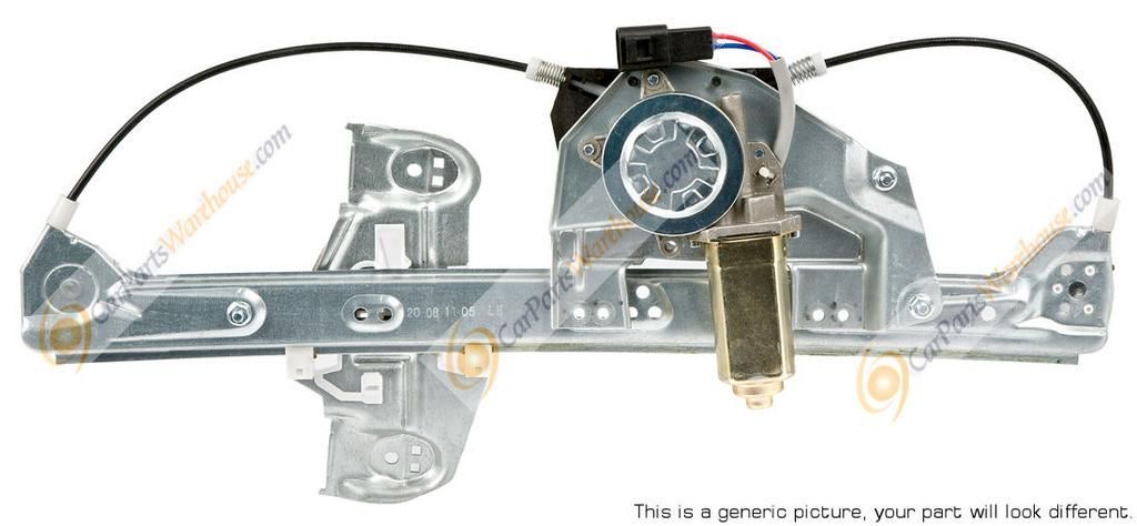 A picture of a window regulator with a motor attached to it.