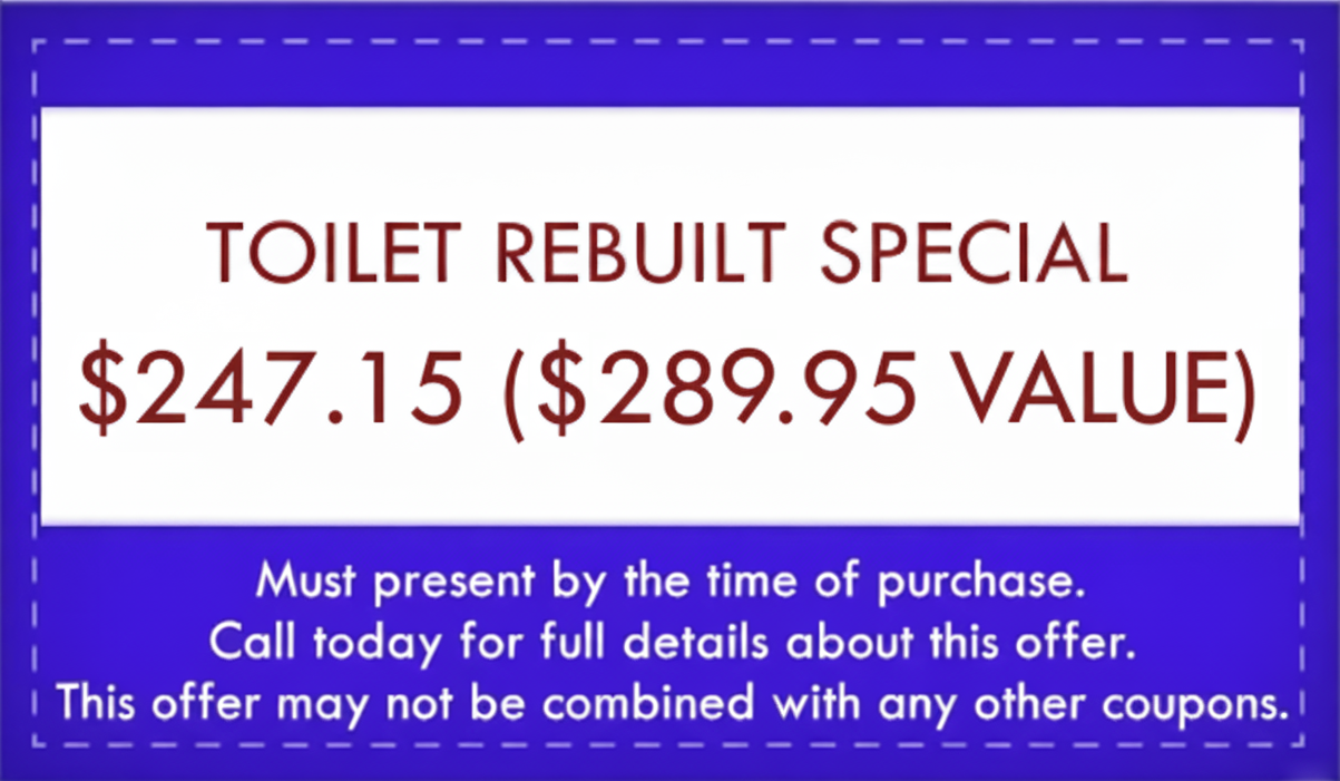 Coupon: Toilet rebuilt for $89.95 (value $175). Blue and white with text.