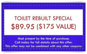 Coupon: Toilet rebuilt for $89.95 (value $175). Blue and white with text.