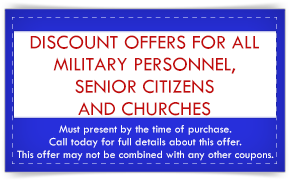 Coupon: Discount offers for military, seniors, and churches. Blue and red text on a white background.