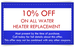 Coupon for 10% off water heater replacement. Blue and white design with red text.