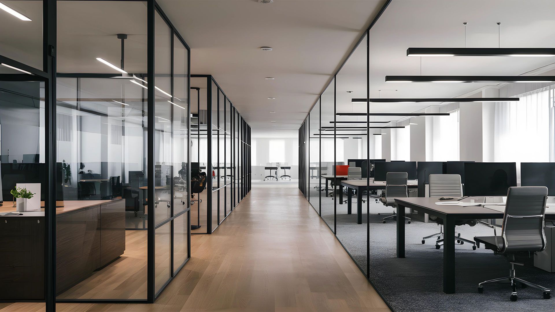 Modern office interior with glass-walled rooms and workstations, wooden floor, and linear lighting.