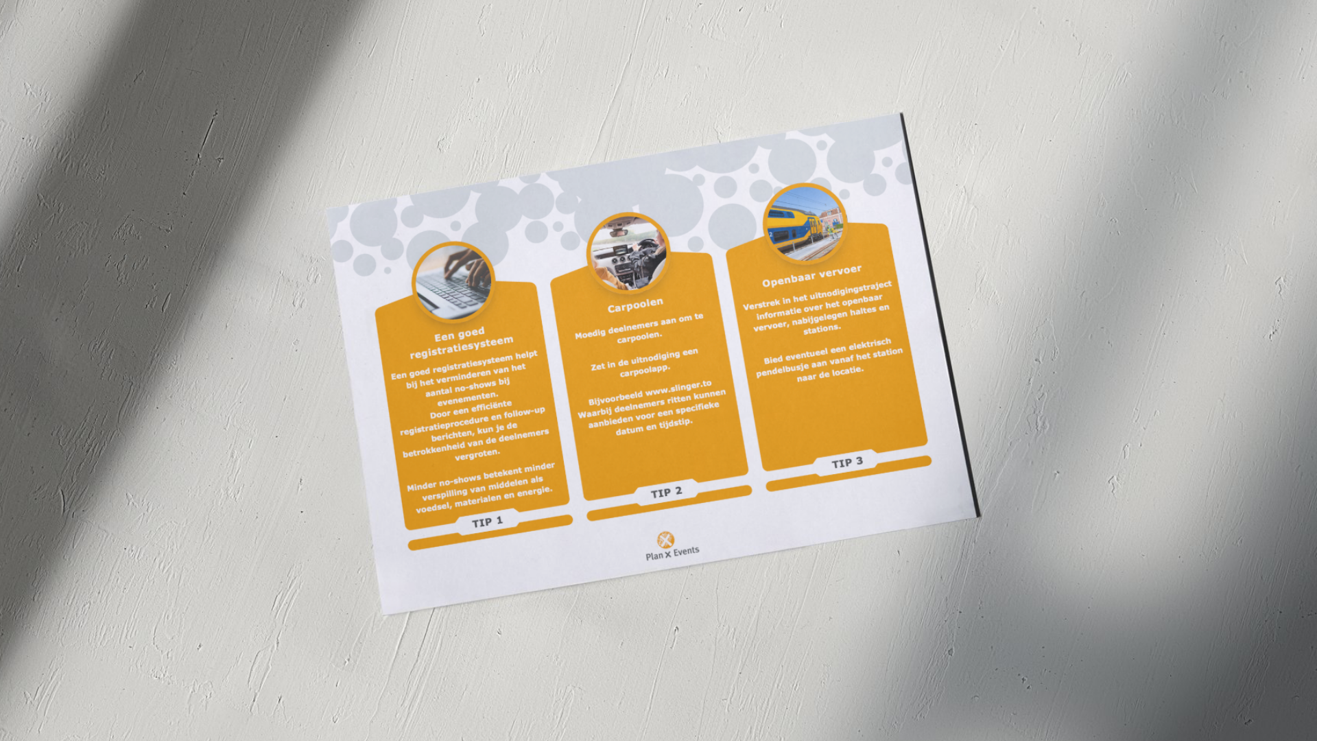Brochure ‘10 tips om je event groener te maken’ van Plan X Events, voor duurzame  evenementenorganisatie.