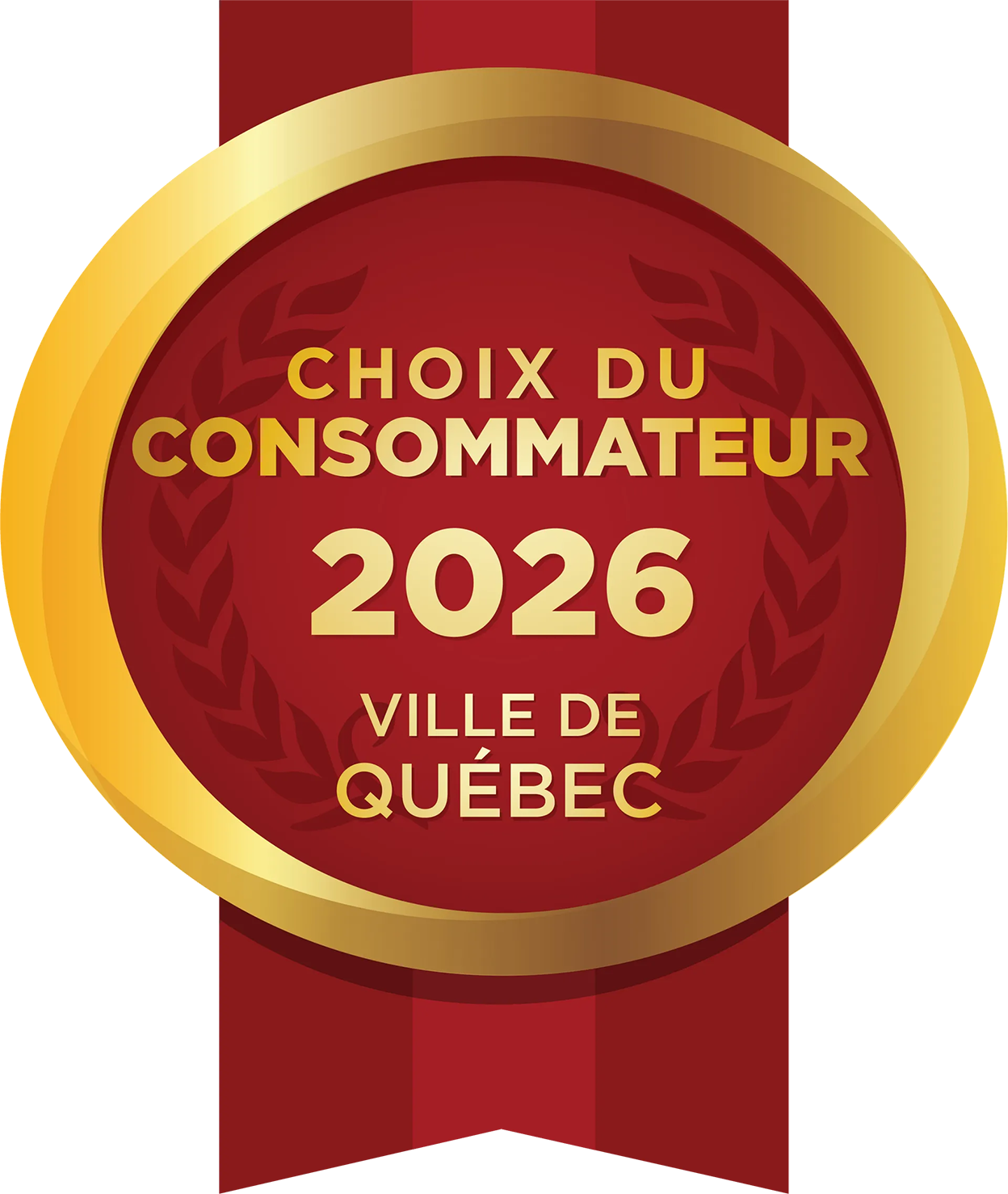 Badge rouge et or « Choix du consommateur 2026 » de la Ville de Québec