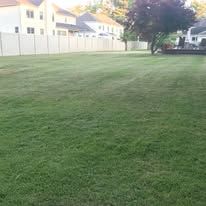 Grassy lawn beside white townhouses and a fence, with trees in the background.
