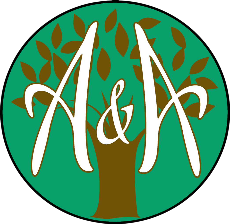 A&H logo with white lettering over a green tree in a brown circle with leaf pattern.