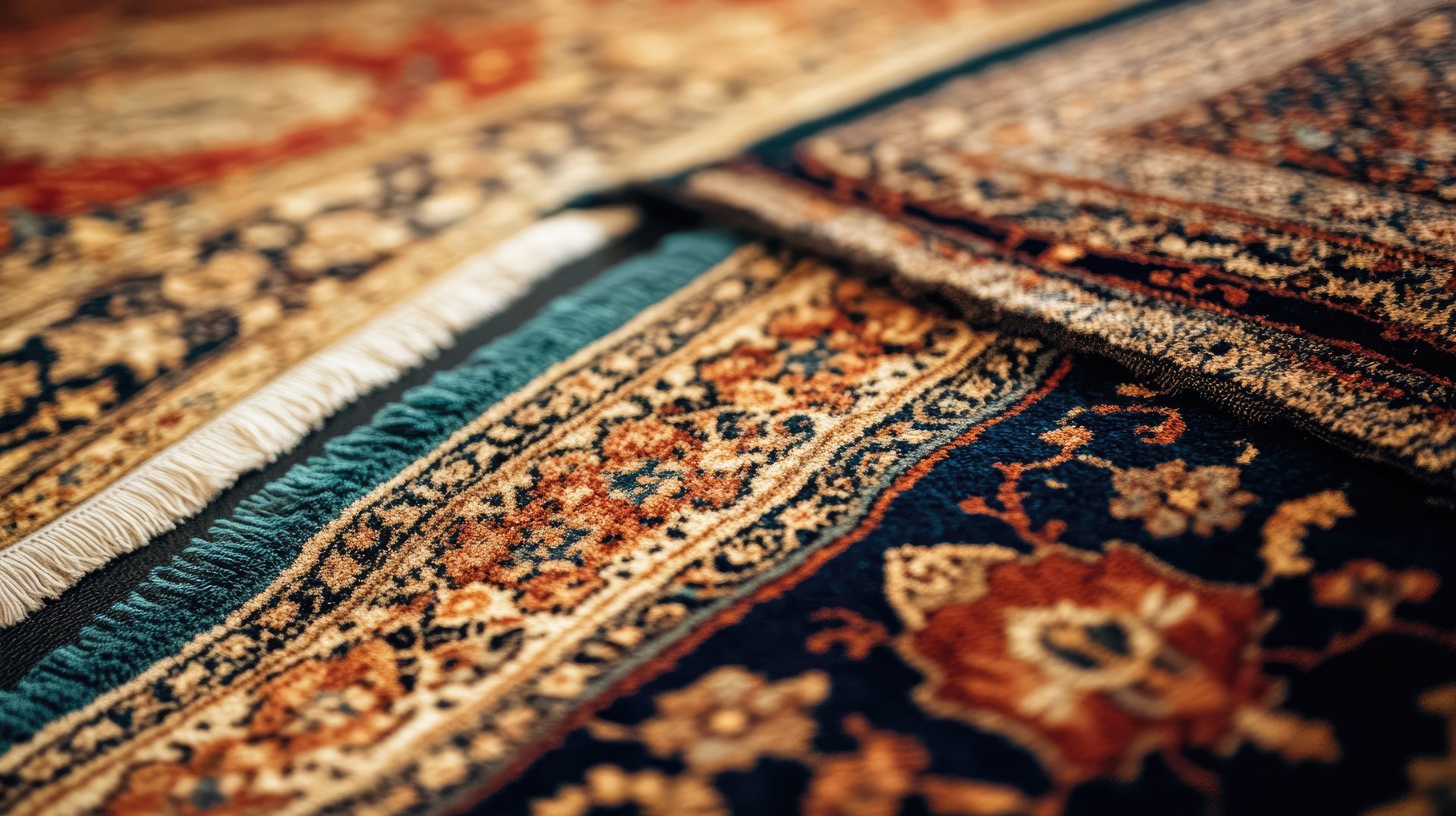 Close-up of ornate rugs with intricate patterns and fringe, in various colors including blue, gold, and red.