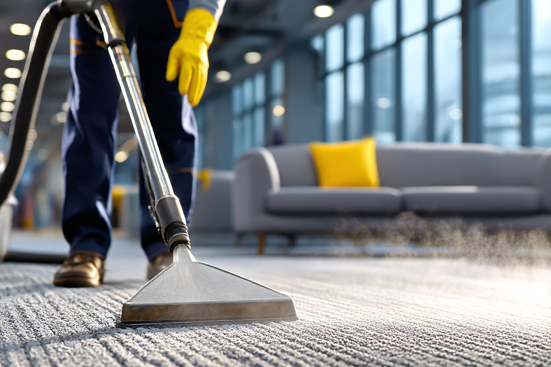 Person in gloves vacuums a carpet in a room with a sofa and large windows.