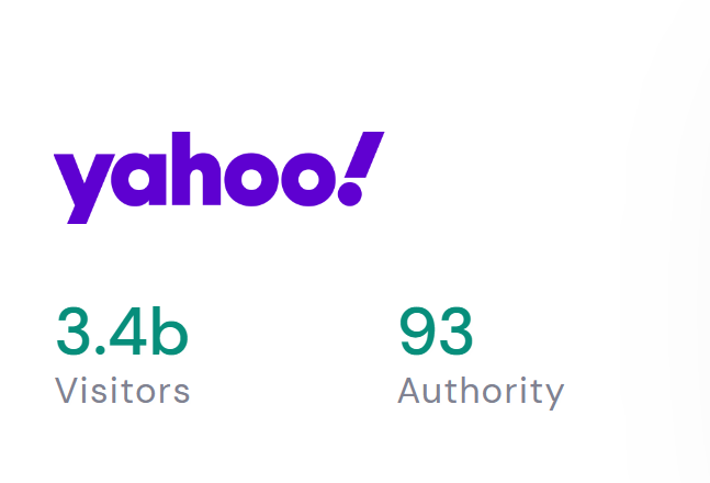 A yahoo logo with 3.4b visitors and 93 authority
