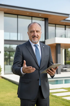 A professional in a suit and blue tie gestures while holding a tablet in front of a modern home with a pool.